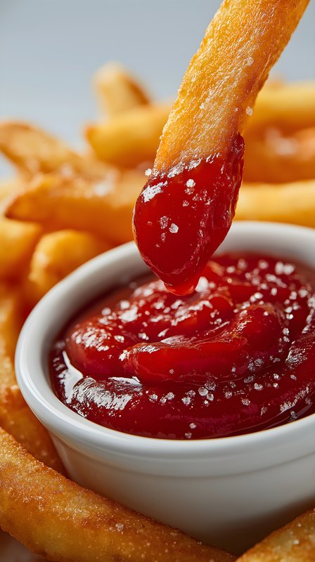 French fry dips into ketchup bowl at snack time Free Premium Stock Image - stock photo