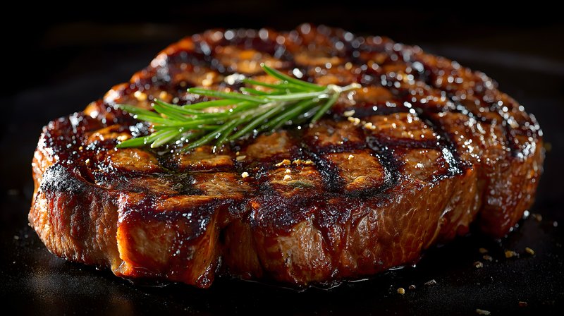 Grilled steak with a sprig of rosemary on a dark surface Free Premium Stock Photo - stock photo