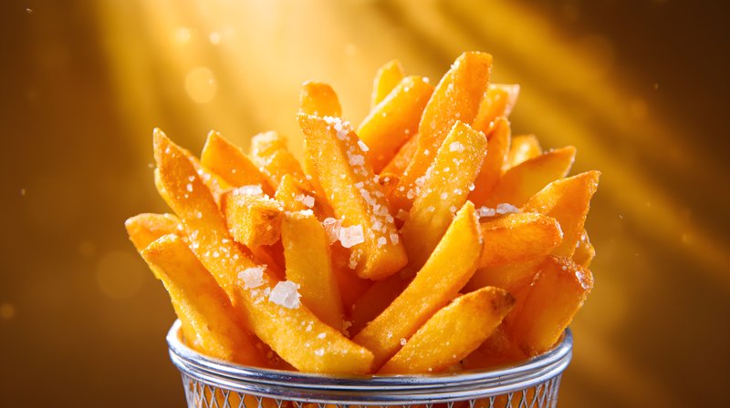 Crispy golden fries in a metal basket with salt on top Free Premium Stock Image - stock photo