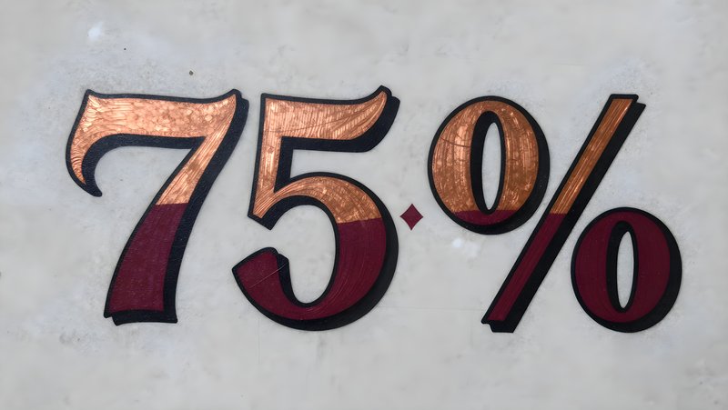 Sign shows 75 percent in bold colors on a wall surface Free Premium Stock Photo - stock photo