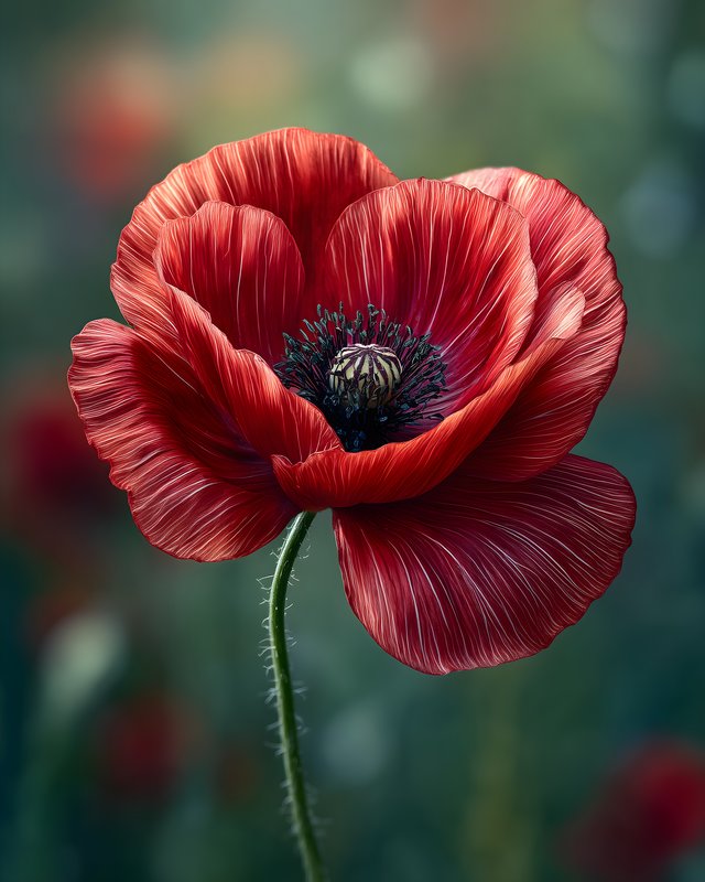 Bright red poppy flower stands tall in a green garden setting Free Premium Stock Image - stock photo