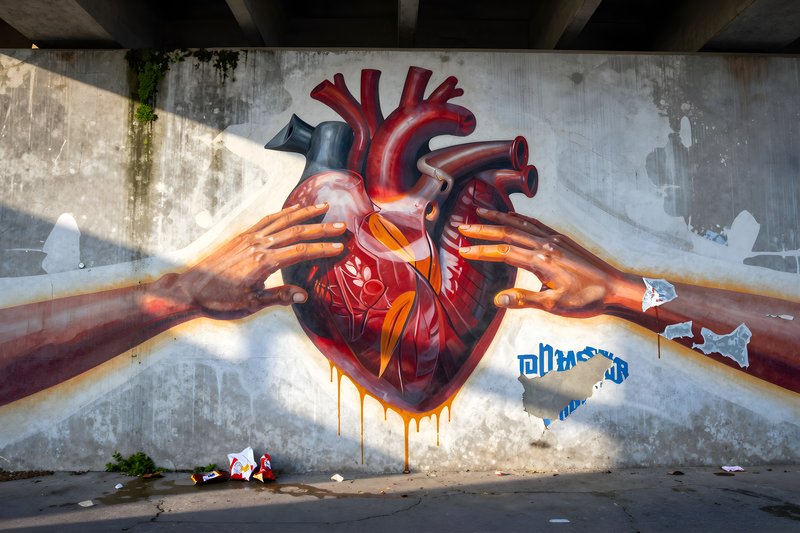 Mural showing hands reaching for a heart on a concrete wall Free Premium Stock Image - stock photo