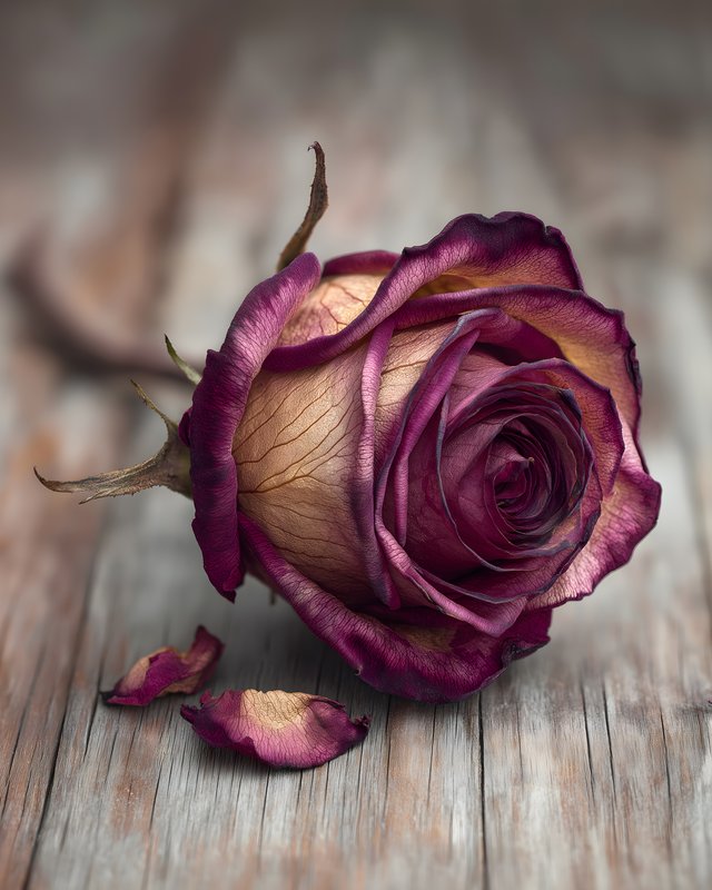 Dried rose with purple and gold colors on a wooden surface Free Premium Stock Image - stock photo