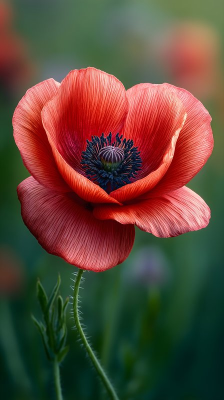 Bright red flower stands tall in a green field during spring Free Premium Stock Image - stock photo
