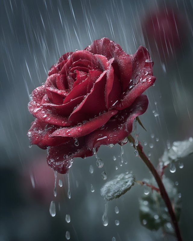 Rain falls on a red rose in a garden during the evening Free Premium Stock Photo - stock photo