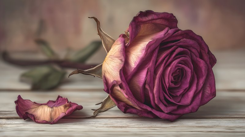 Dried rose on a wooden surface with petals nearby Free Premium Stock Photo - stock photo