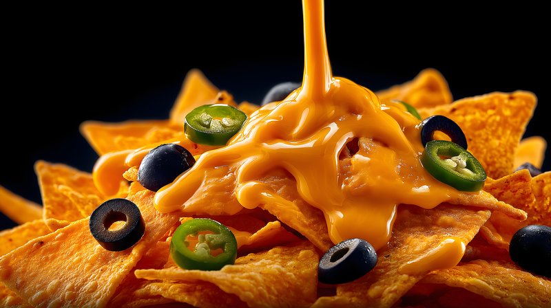 Cheese sauce poured over nachos with olives and jalapenos Free Premium Stock Photo - stock photo