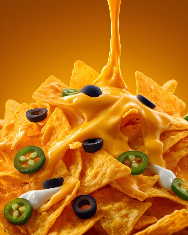 Cheese sauce being poured over nachos with toppings Free Premium Stock Photo - stock photo