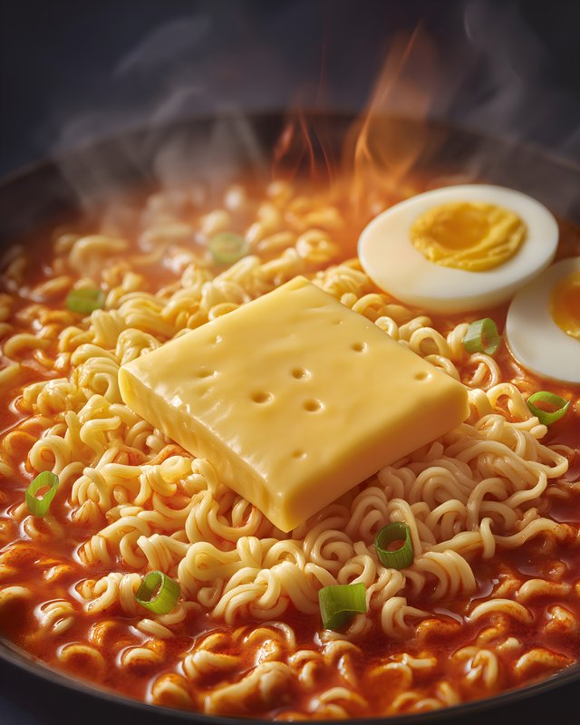 Ramen with cheese and hard boiled egg in a bowl on table Free Premium Stock Image - stock photo