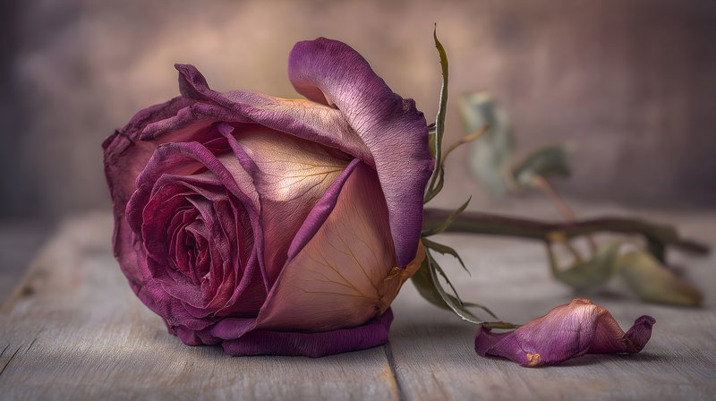 Rose lies on wooden surface in dim light Free Premium Stock Image - stock photo