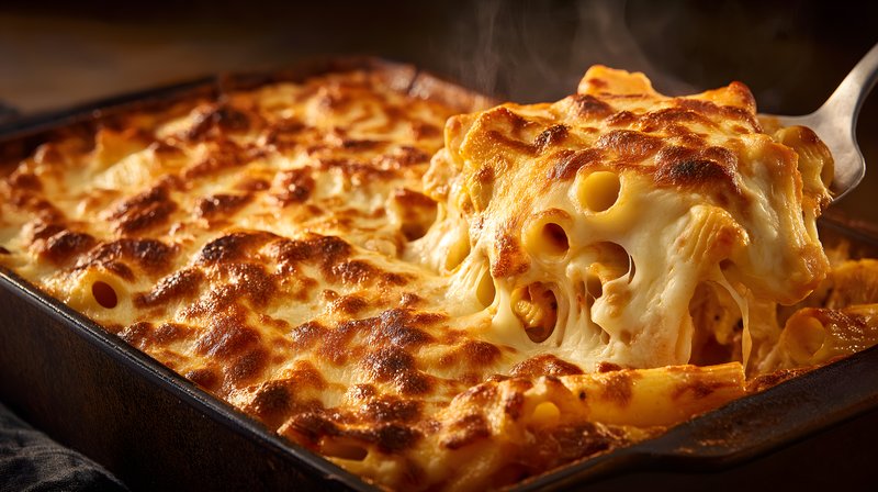 Melted cheese and pasta dish served from a baking tray Free Premium Stock Photo - stock photo