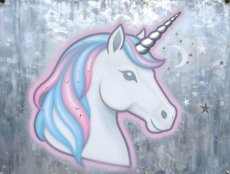 Colorful unicorn mural with pastel mane in urban setting Free Premium Stock Image - stock photo