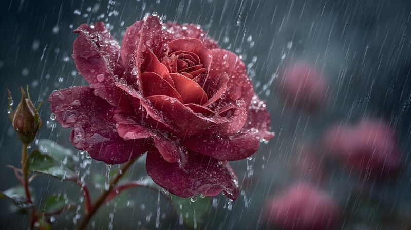 Red rose blooms in rain with water droplets falling Free Premium Stock Image - stock photo