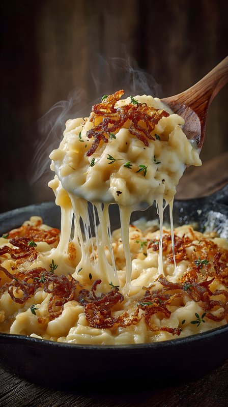 Cheesy pasta with crispy topping in a black skillet Free Premium Stock Image - stock photo