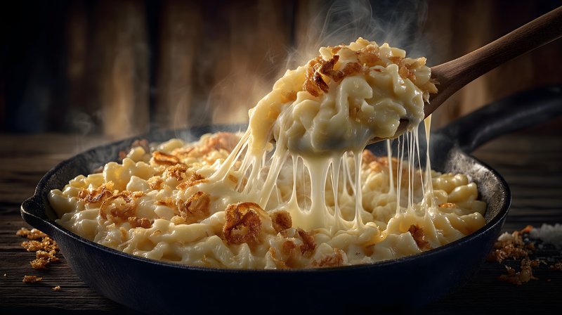 Creamy macaroni and cheese in a skillet with steam rising Free Premium Stock Photo - stock photo