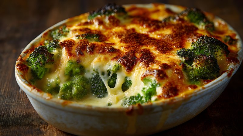 Broccoli dish baked with cheese on a wooden table Free Premium Stock Image - stock photo