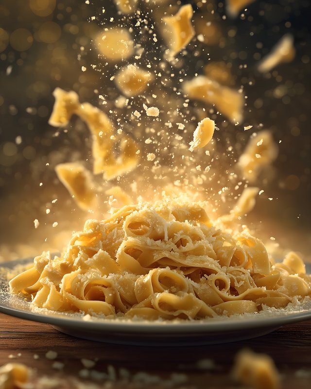 Pasta dish with cheese falling from above in kitchen scene Free Premium Stock Image - stock photo