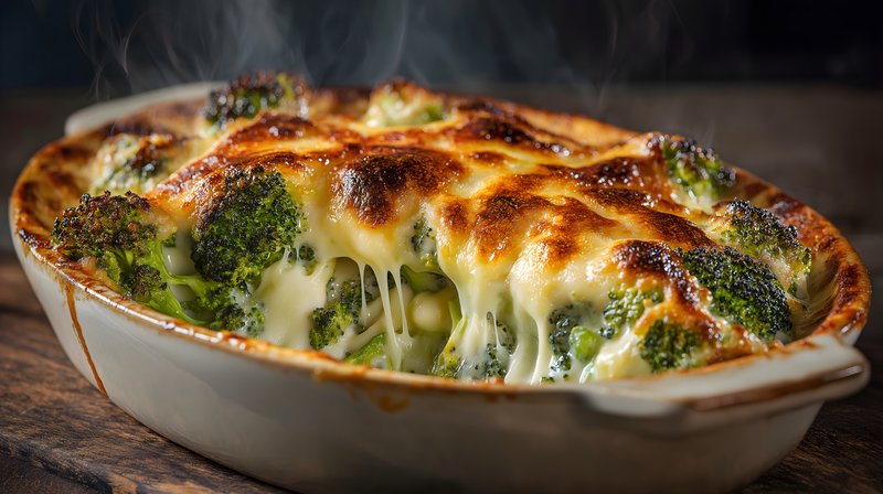 Broccoli and cheese casserole steaming on wooden table Free Premium Stock Photo - stock photo