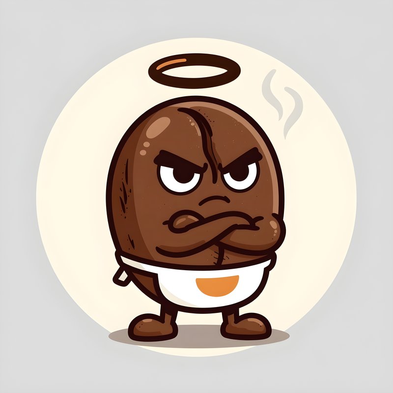Angry coffee bean character with a halo and arms crossed Free Premium Stock Image - stock photo