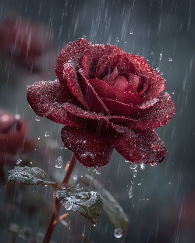 Red rose under rain with water droplets on petals Free Premium Stock Photo - stock photo