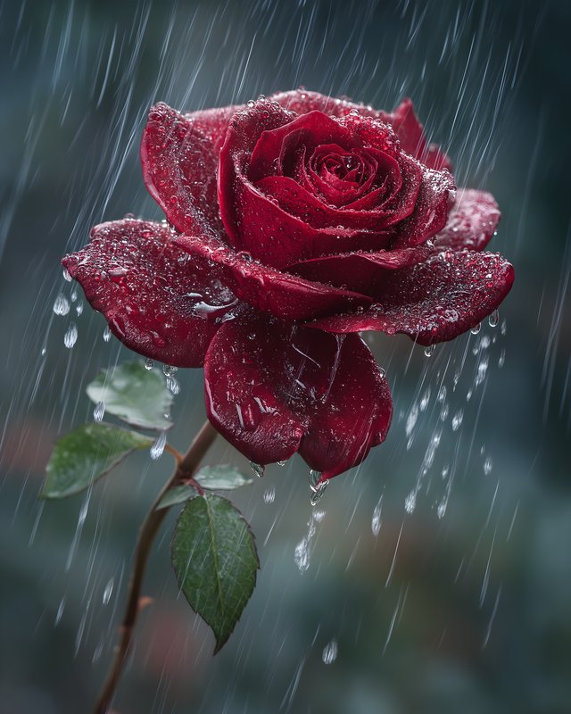 Red rose with rain drops falling on its petals during a storm Free Premium Stock Image - stock photo