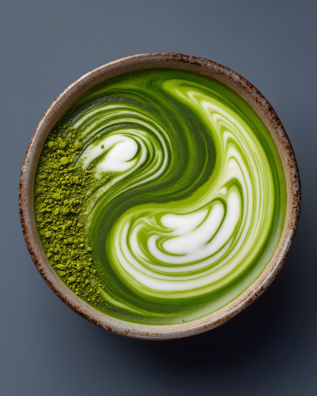 Matcha drink with creamy swirl pattern in a bowl Free Premium Stock Photo - stock photo