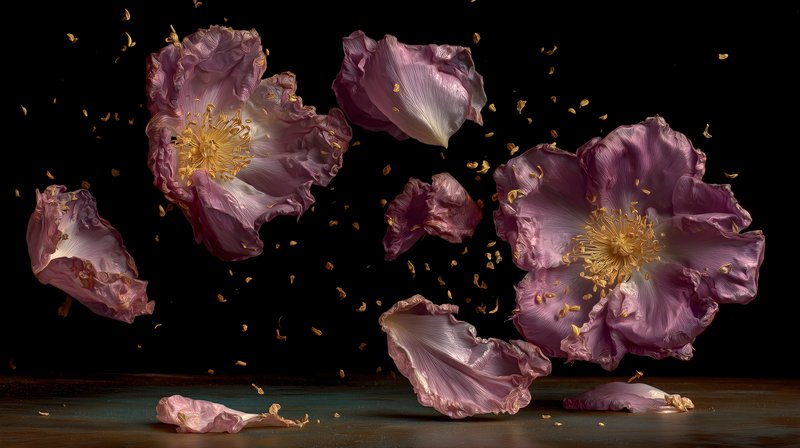 Pink flower petals scatter in the air creating motion Free Premium Stock Photo - stock photo