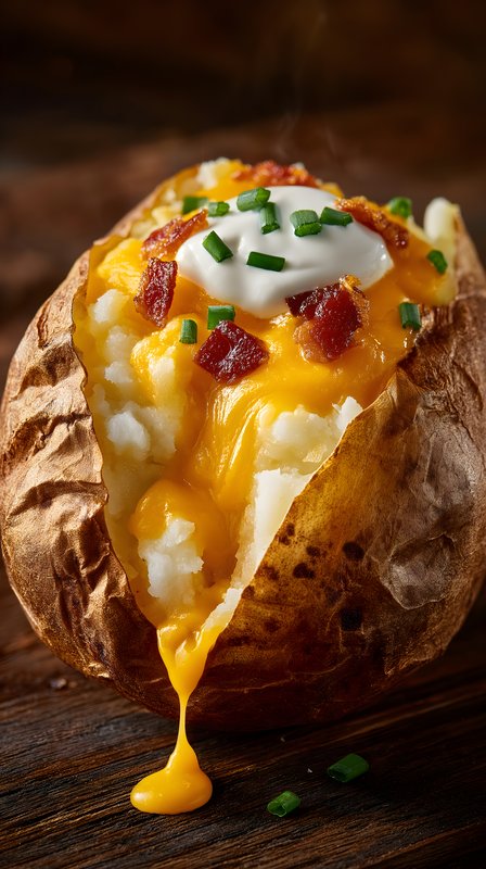 Baked potato with cheese and toppings is served warm Free Premium Stock Photo - stock photo