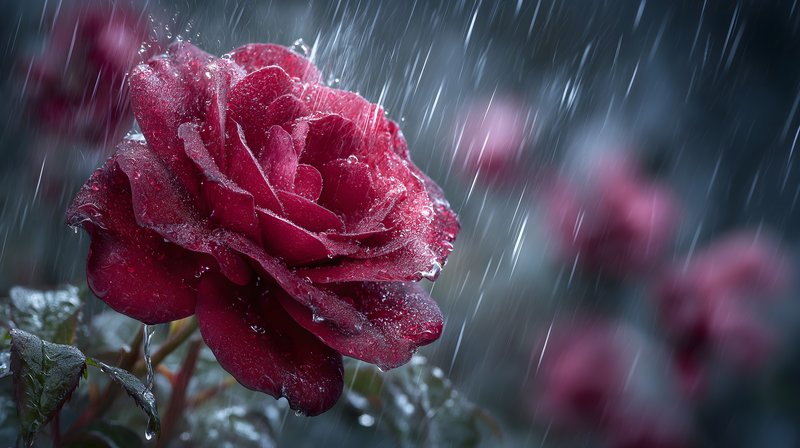 Red rose with water droplets in rainy setting Free Premium Stock Image - stock photo