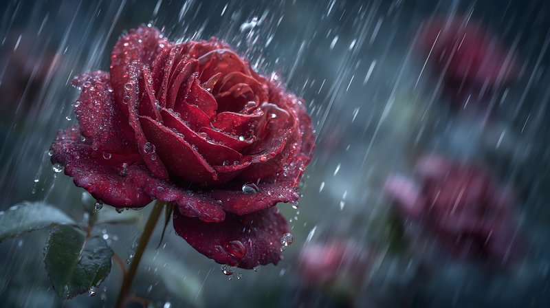 Red rose in rain with drops on petals and background flowers Free Premium Stock Photo - stock photo