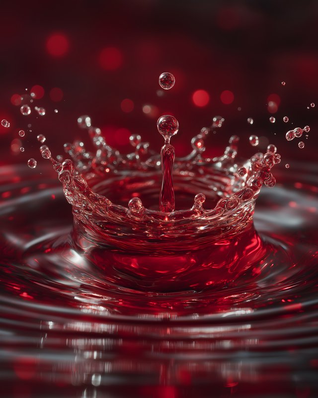Water droplet creates splash in red liquid at close range Free Premium Stock Image - stock photo