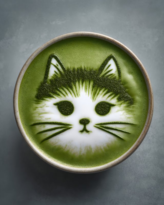 Cat design in matcha latte on a gray background Free Premium Stock Photo - stock photo