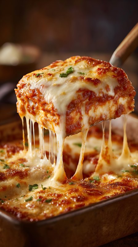 Lasagna is served from the baking dish with melted cheese Free Premium Stock Image - stock photo