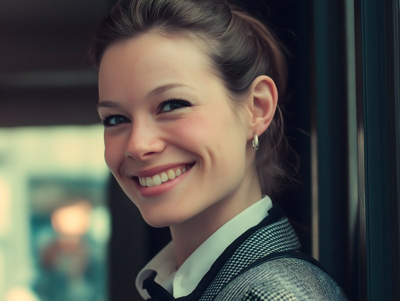 Woman smiling while standing indoors in an office environment Free Premium Stock Photo - stock photo