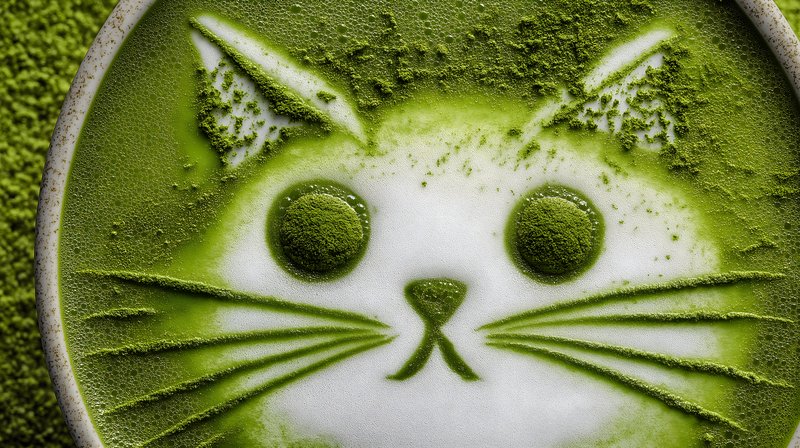 Cat design on matcha latte in a cafe setting Free Premium Stock Image - stock photo