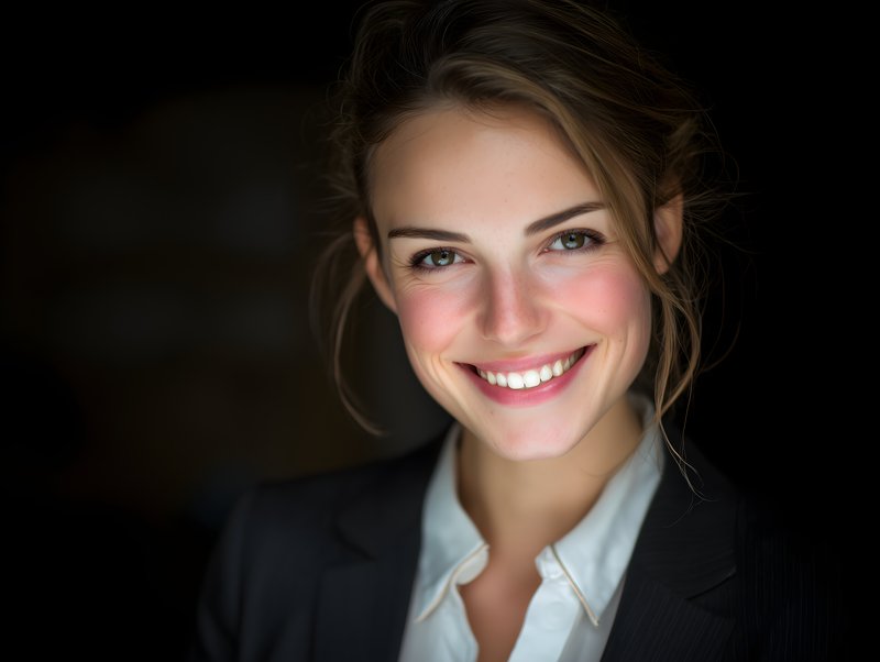 Smiling woman in a dark setting wearing a suit Free Premium Stock Photo - stock photo