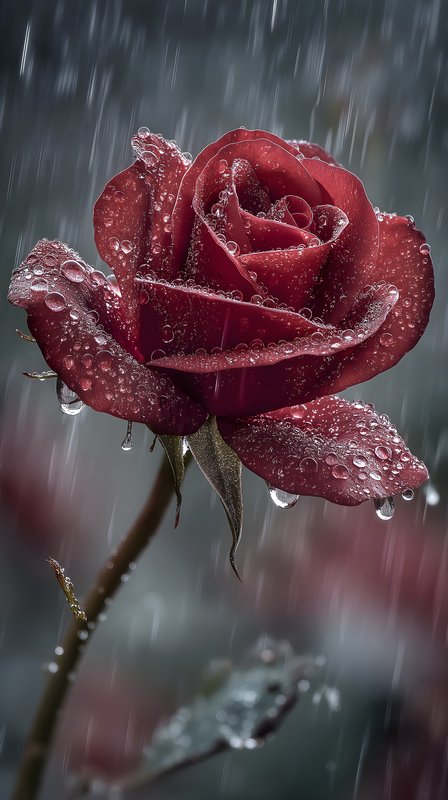 Red rose stands in rain with water droplets on petals Free Premium Stock Image - stock photo