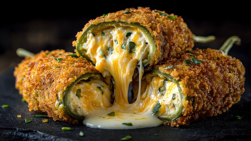 Stuffed jalapeños sit on a black plate with melted cheese Free Premium Stock Image - stock photo