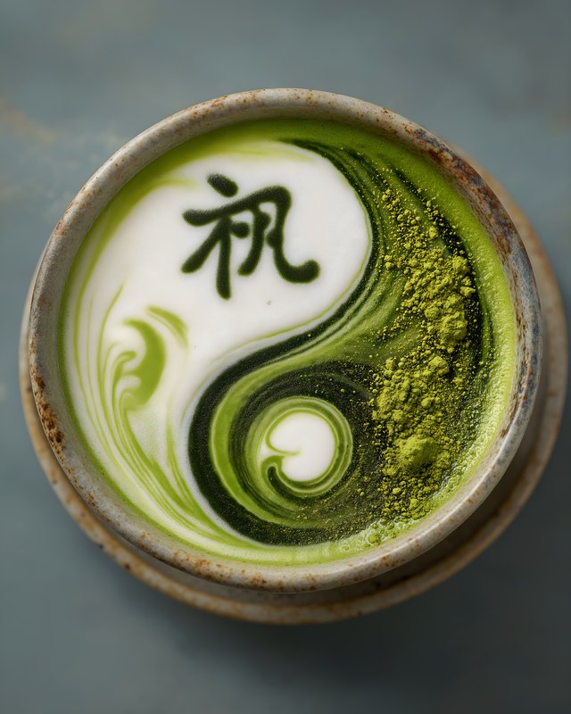 Matcha drink with yin yang design and Japanese lettering Free Premium Stock Image - stock photo