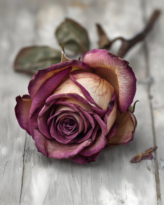 Dry rose rests on a wooden surface in a quiet setting Free Premium Stock Photo - stock photo