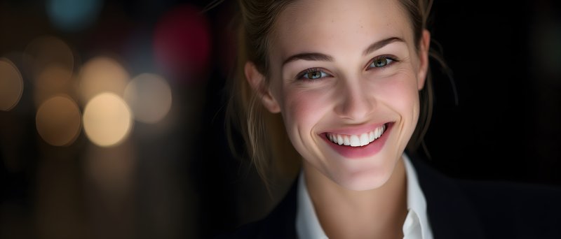 Smiling woman in a dark setting with bright lights around Free Premium Stock Image - stock photo