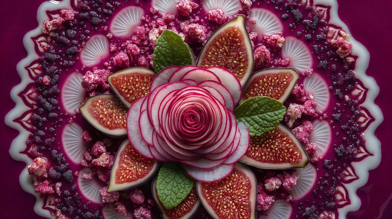 Fresh fruits and flowers arranged on a colorful plate Free Premium Stock Image - stock photo