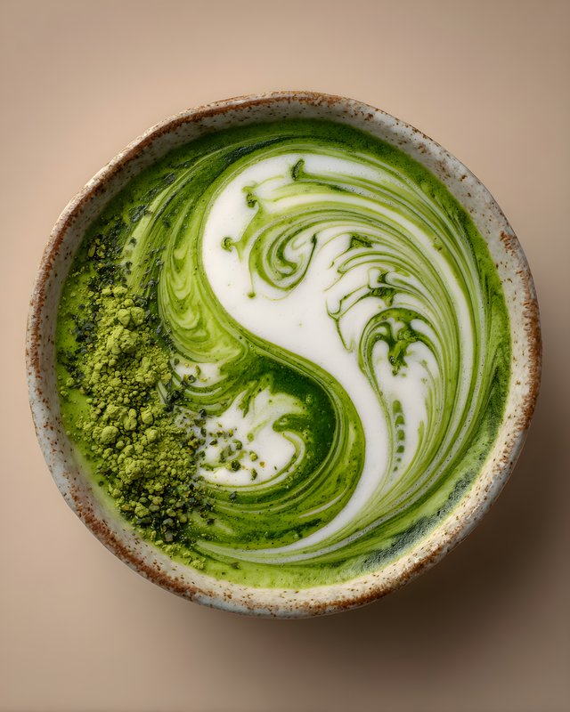 Sipping on matcha with swirls of milk in a bowl Free Premium Stock Photo - stock photo