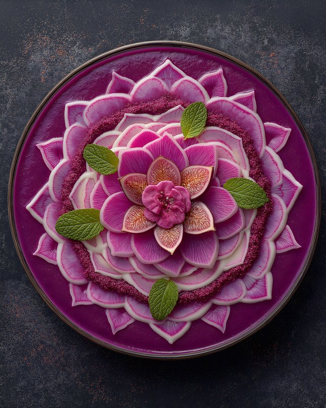 Colorful dessert with flowers and fruits on round plate Free Premium Stock Image - stock photo