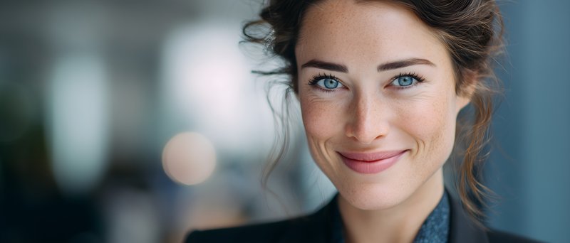 Smiling woman with blue eyes in office setting Free Premium Stock Photo - stock photo