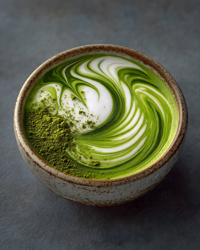 Matcha tea in a ceramic bowl with green swirls Free Premium Stock Photo - stock photo