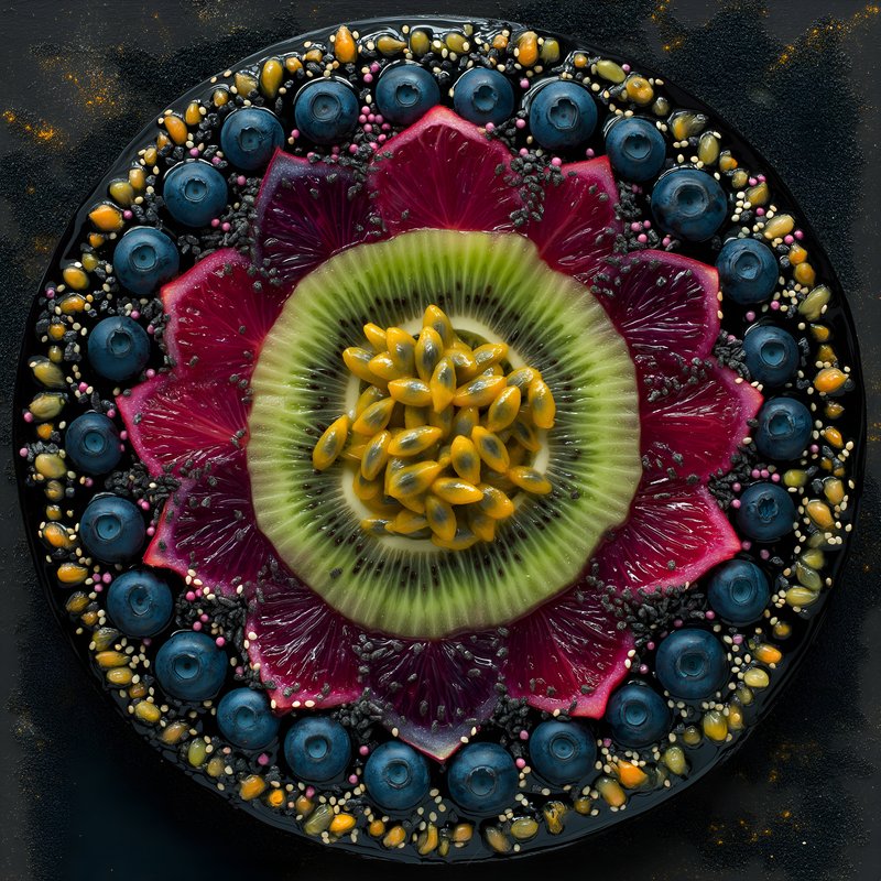 Colorful fruit display arranged on a black plate Free Premium Stock Image - stock photo