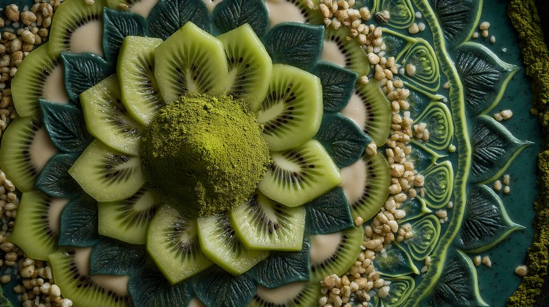 Healthy dessert served in a round pattern with fruits and greens Free Premium Stock Image - stock photo