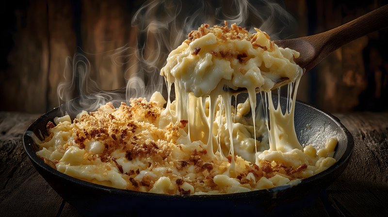 Creamy mac and cheese served in a skillet on a wooden table Free Premium Stock Photo - stock photo