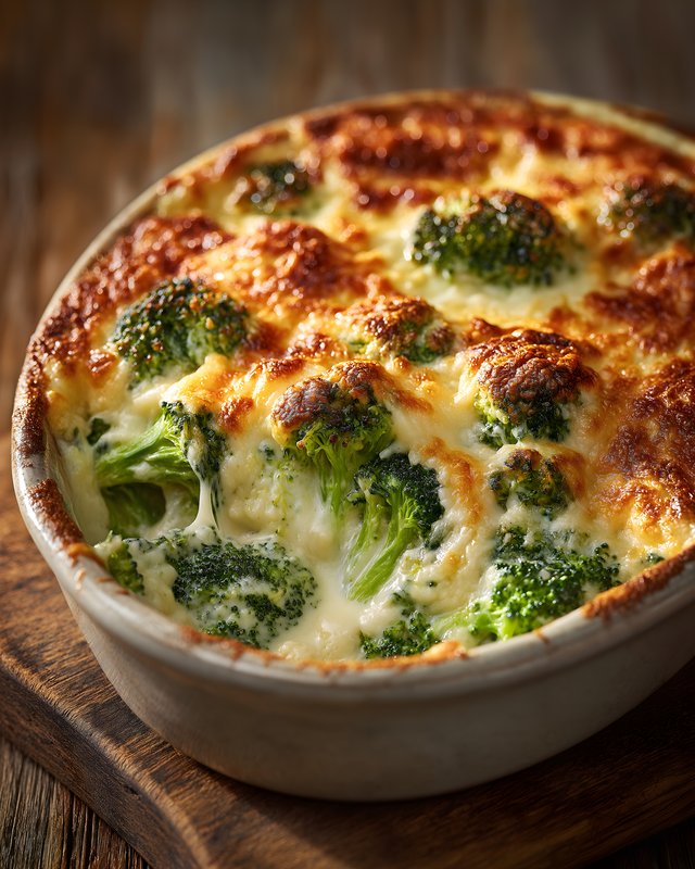 Broccoli baked with cheese in a dish on a wooden table Free Premium Stock Photo - stock photo